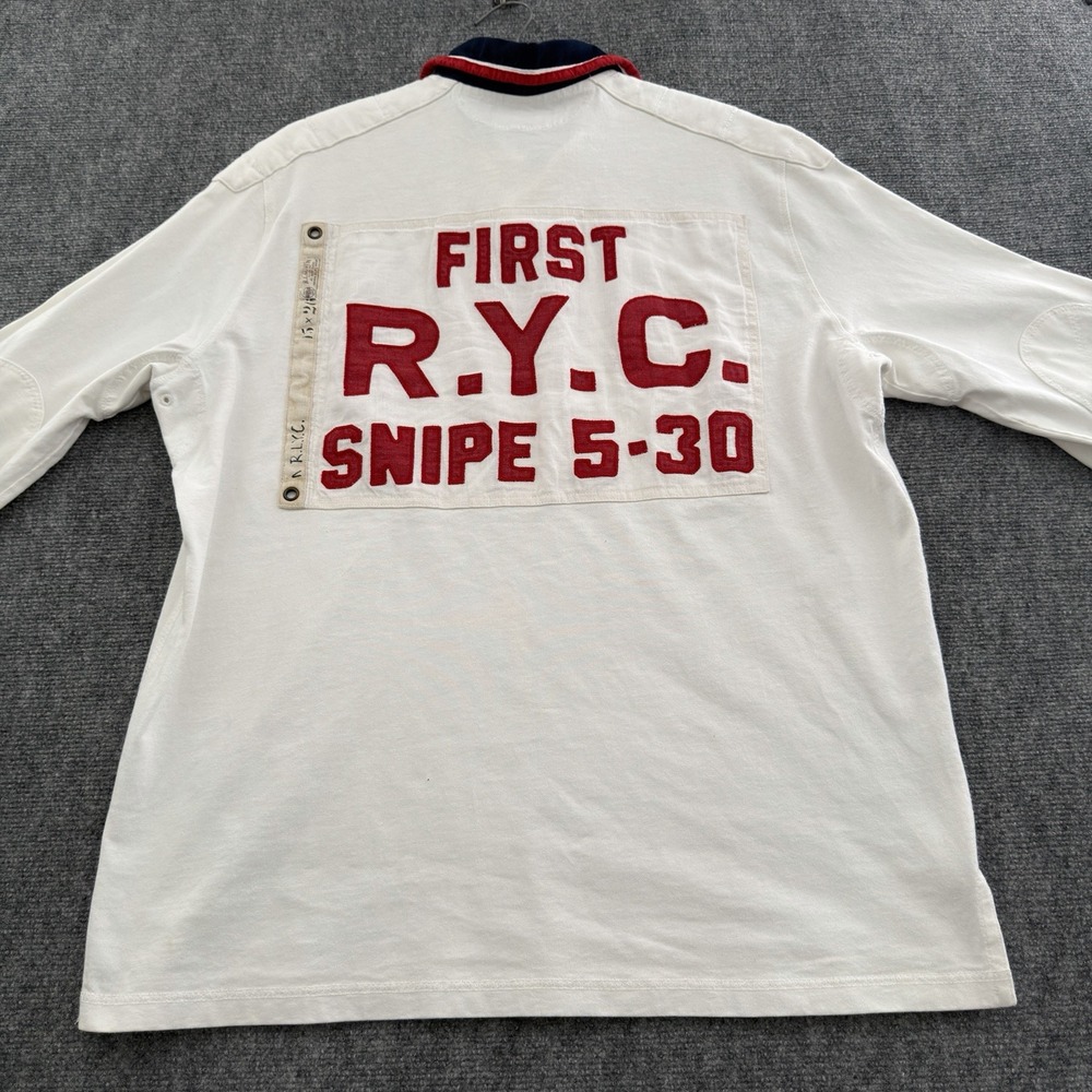 Vintage Polo Ralph Lauren Yacht Club Rugby Shirt L White Navy R.Y.C. Snipe Patch